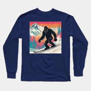 Funny Sasquatch Skiing in the Snow Winter Xmas Dad Long Sleeve T-Shirt